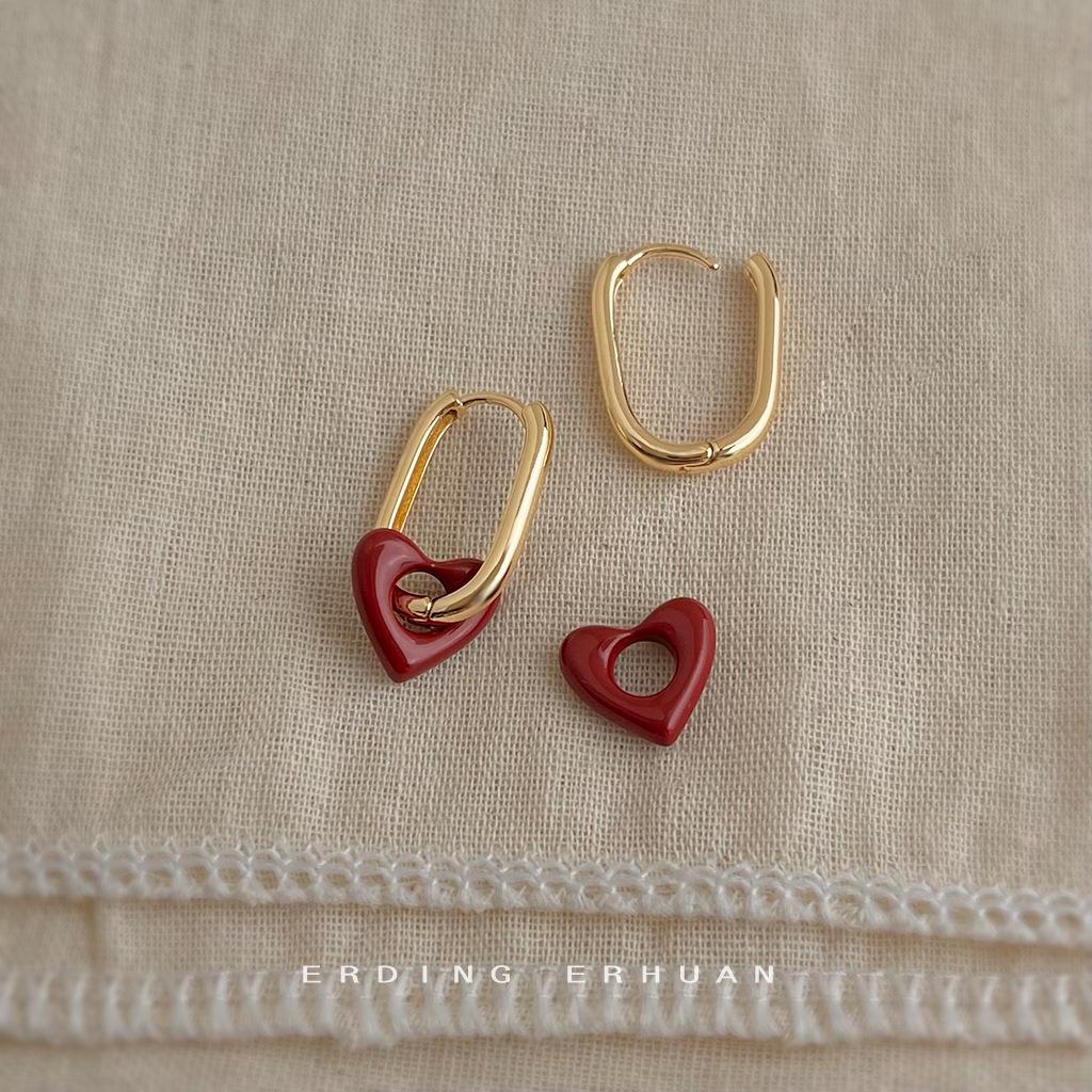 Chic Retro Red Heart Stud Earrings: French-Inspired, Elegant, High-End Feel for Women