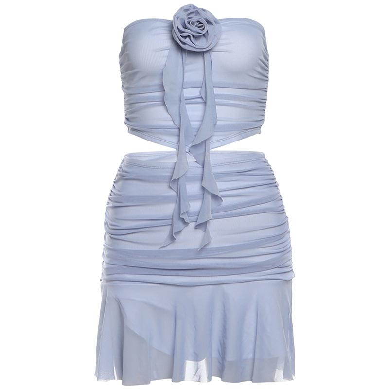 Mesh Folds Skirt 2 Piece Sets Women Summer Slim Backless Flower Patchwork Tube Tops Hot Girls Beach Sexy Bodycon High Waist Vacation Skirts Sets