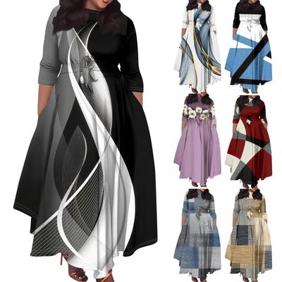 Women's Casual Fashion Large Size Print Round Neck Short Sleeve Pocket Straps Swing Dress