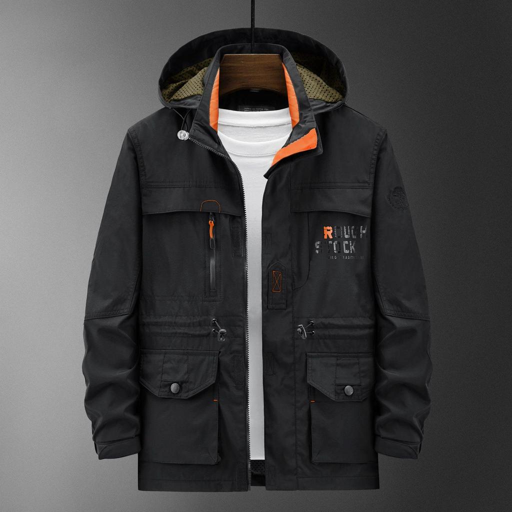 Men's Mid-Length Hooded Outdoor Jacket - Autumn/Winter, Plus Velvet, Multi-Pocket, Loose Fit