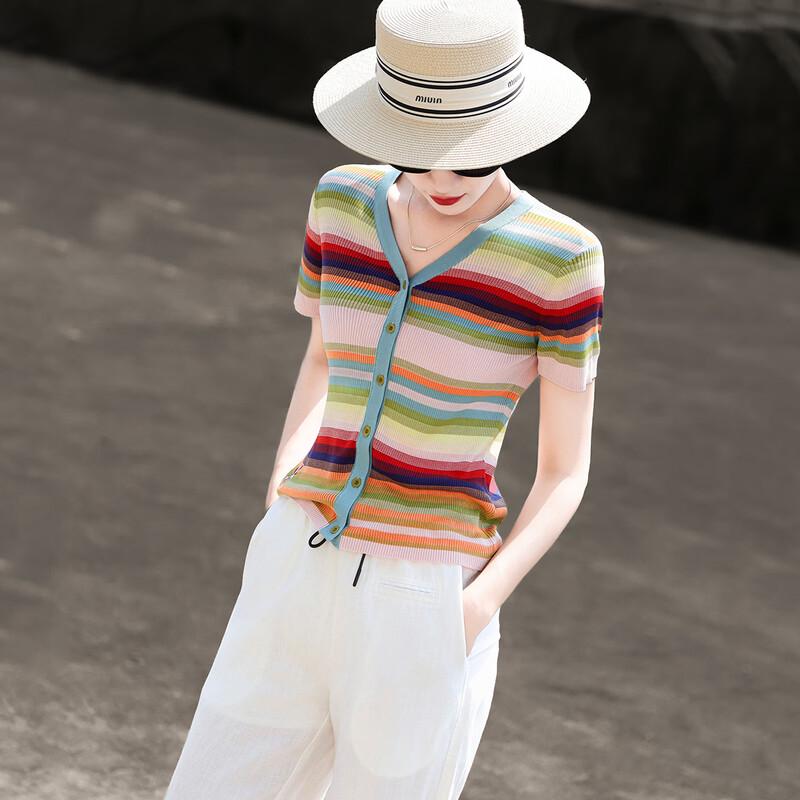 Lansere Women's Striped V-Neck Knit Short-Sleeve Top