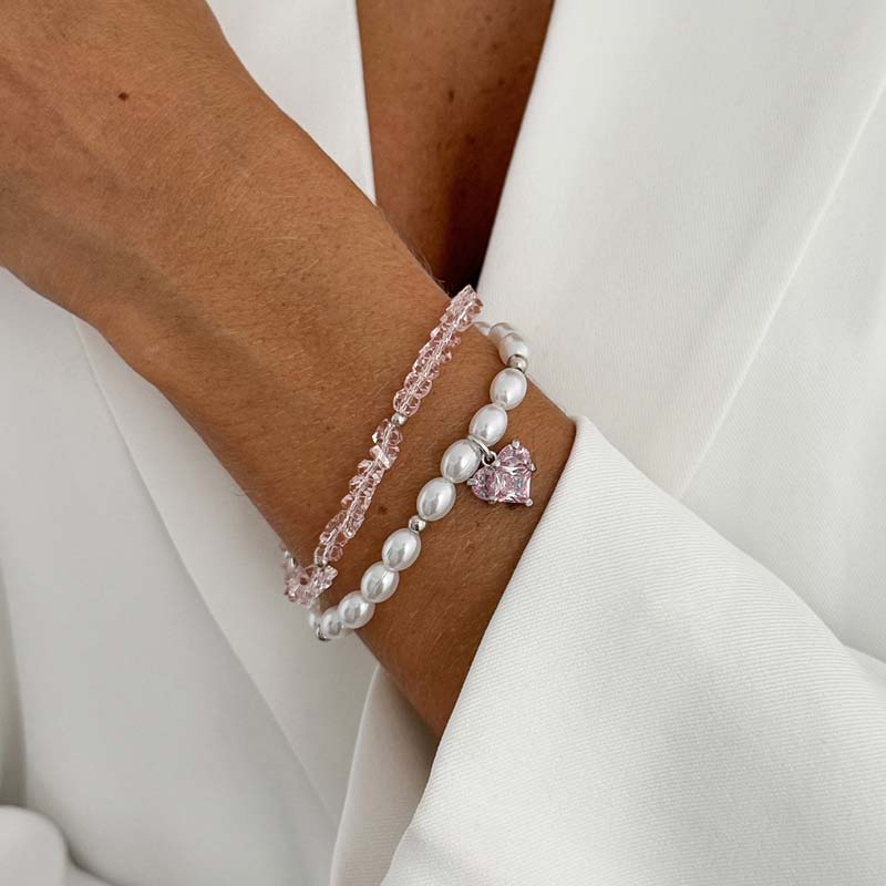 2Pcs/Set Elegant Pink Crystal Heart Bracelets for Women Vintage Imitation Pearl Double-Layer Bracelet Y2K Charm Jewelry Gift