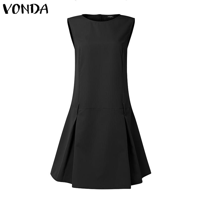 VONDA Women Elegant Round Neck Sleeveless Solid Casual Pleated Dress No Belt