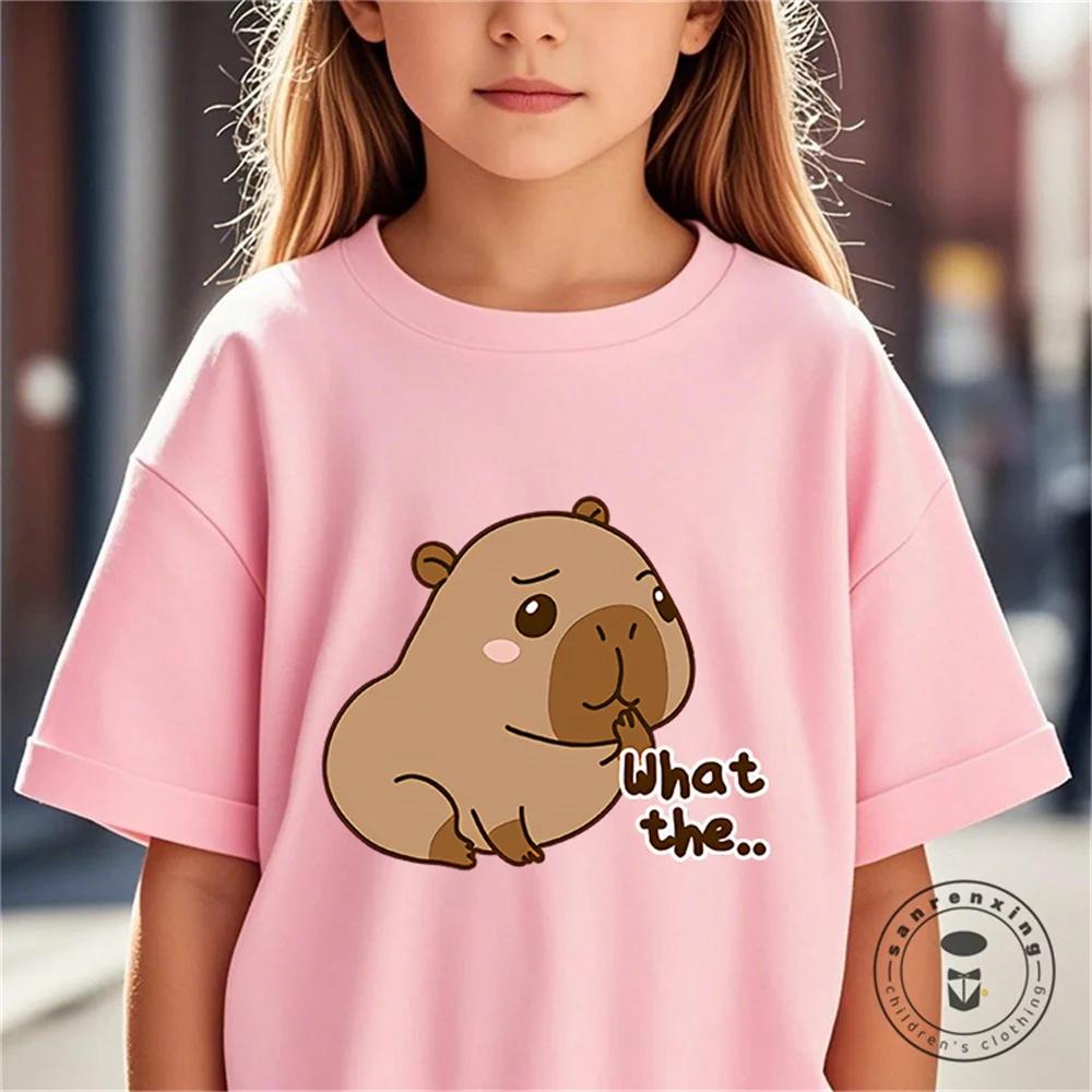 

Летняя Новая Модная Футболка с Милым Принтом Капибары для Детей, Милая Удобная Универсальная Футболка с Коротким Рукавом для Мальчиков и Девочек 5T(120cm)