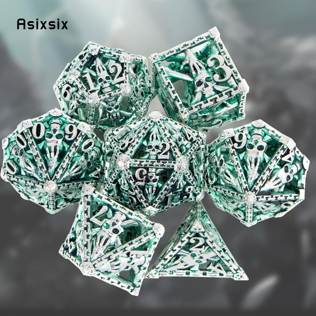 7 Pcs Silver Green Hand Skull Head Metal Dice Hollow Metal Polyhedral Dice Set Suitable for Role-Playing RPG Board  Card Game