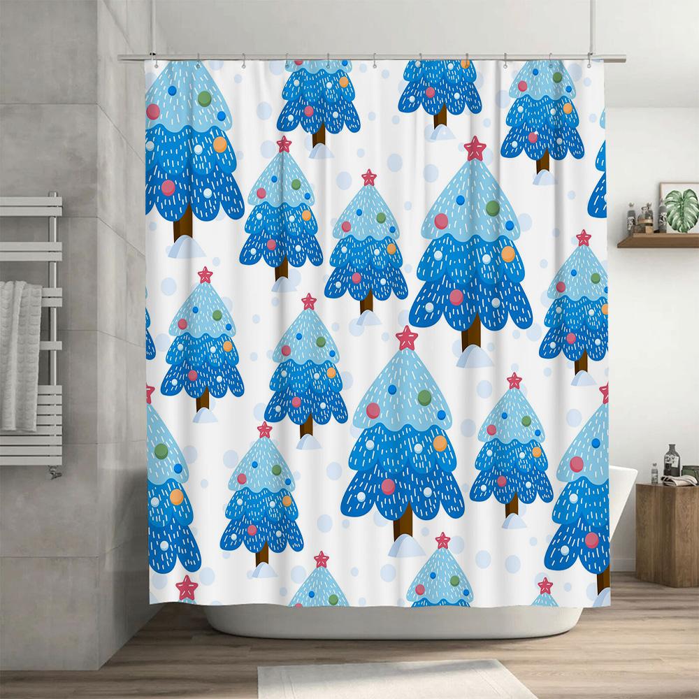GAEChristmas Tree Shower Curtain Blue Festive Pattern with Red Stars White Shower Curtains for Bathroom Decor Size69x70 (LxW)