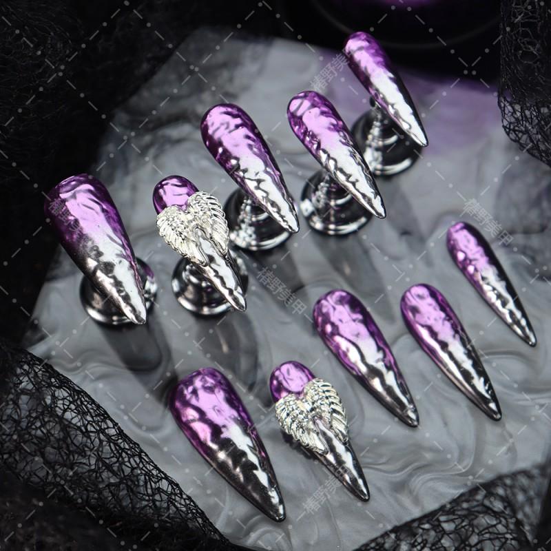 Handmade Press-On Nails With 3D Embossed Wing Design Purple A2973 Long Pointed Acrylic False Women Sweet Punk