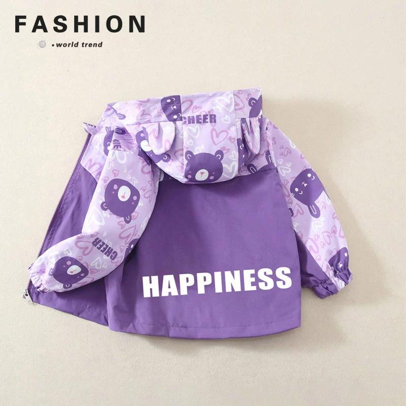 

Весенние детские куртки с капюшоном для девочек, детские куртки на молнии с длинным рукавом с принтом кошки и медведя, осенняя детская повседневная верхняя одежда для мальчиков 90 фиолетовый