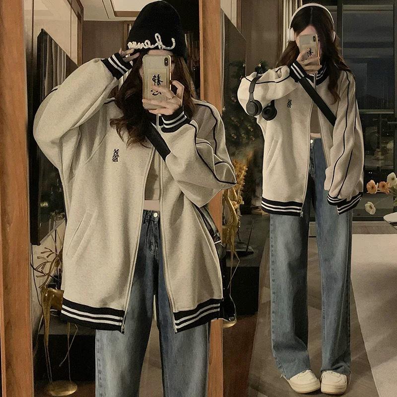 Women's Spring/Autumn Baseball-Style Stand-up Collar Jacket - Casual, Loose College Style Cardigan for Couples.
