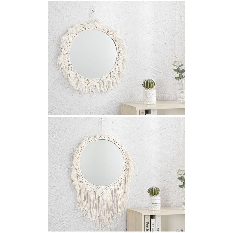 Handgefertigter Gewebter Hängender Wandspiegel Bohemian Antik Geflochtenes Baumwollseil Makramee Fransen Quasten Wandteppich Rund für Dropshipping