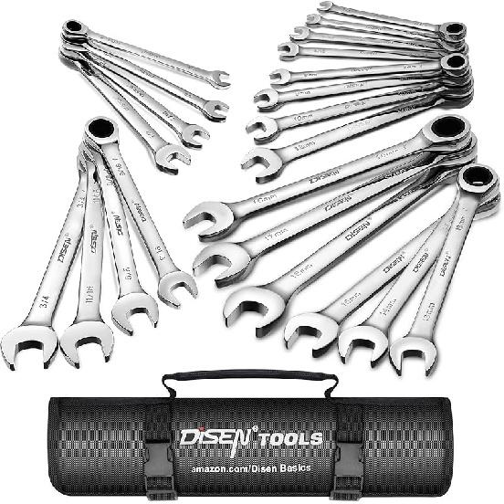 DISEN 10Pcs Ratcheting Wrench Set SAE & Metric Ratchet Wrench Set with Rack Organizer, Premium CR-v Steel, 12 Point, 72 Teeth,Box End and Open End 10pcs metric & sae set