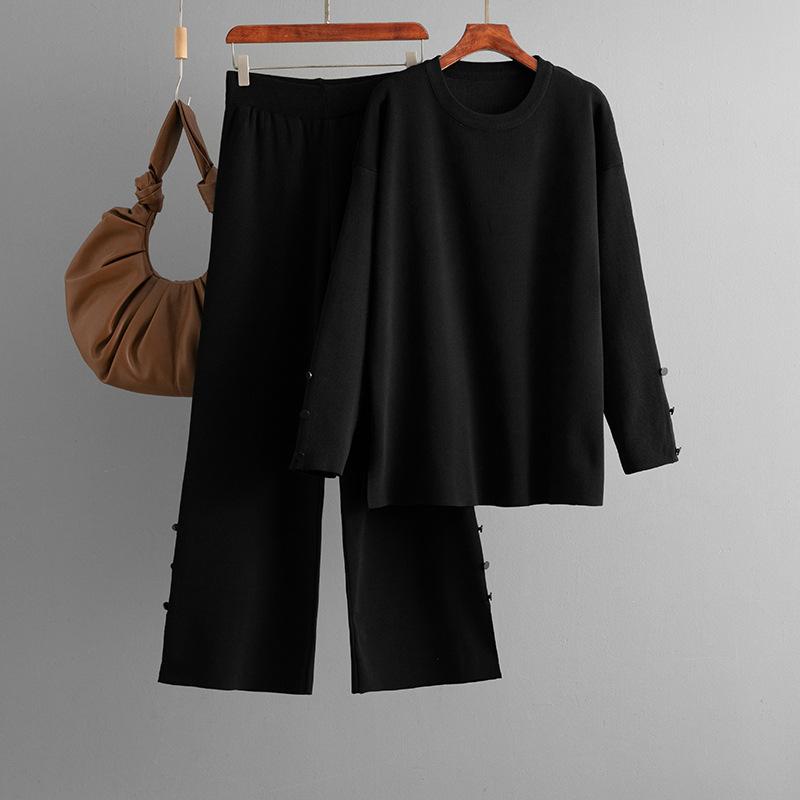 Solid color plus size knitted sweater set women's autumn and winter new loose fashion casual two-piece set