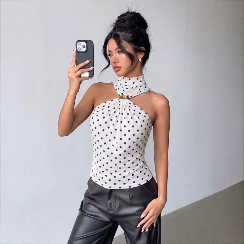 White Polka Dot Halter Neck Sleeveless Slim Fit Cropped Top For Women