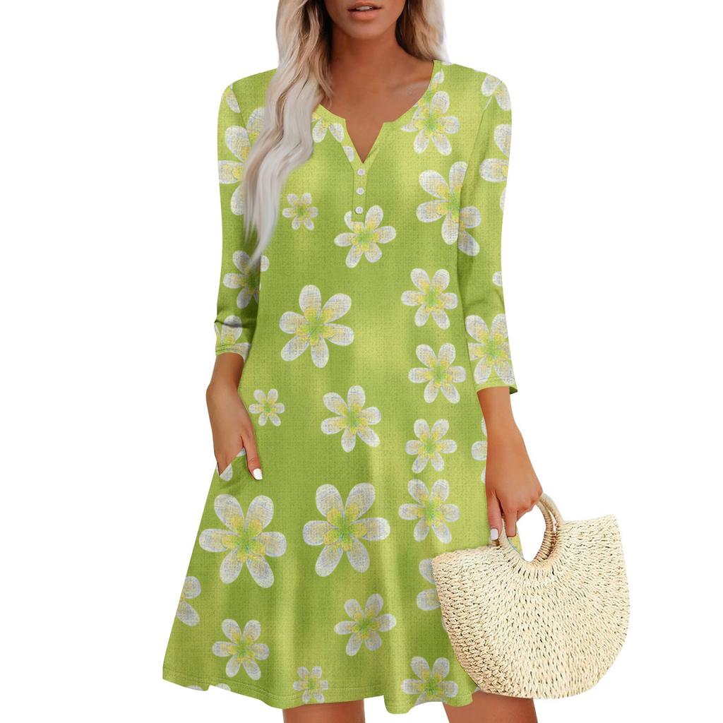Women’s V Neck Floral Print Loose Fit Dress with Three Quarter Sleeves Casual Flowy A Line Summer Dress for Daily Wear