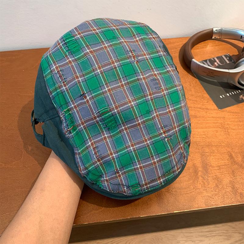 Yellow Plaid Forward Hat, Female Versatile, Showing a Small Face, Wearing a Beret, Big Head Circumference, Holes, Peaked Cap Tide