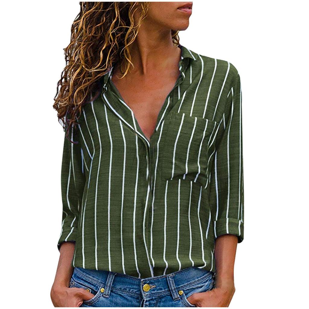 Women's Long Sleeve Lapel Green Striped Shirt