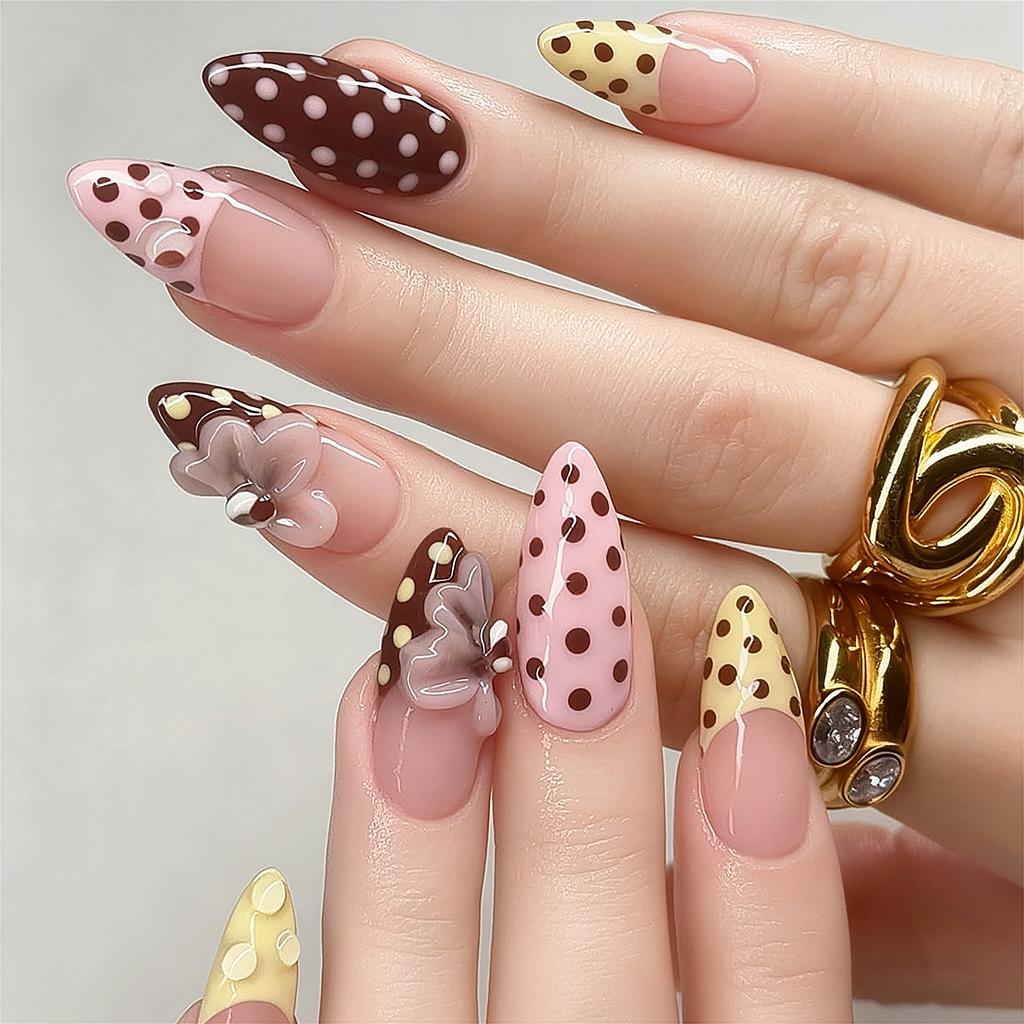 24Pcs Almond Shape False Nails Brown Stripes Pink Flowers Fake Nails Wearable Full Cover Nails Tips Acrylic Nail Tips False Nail