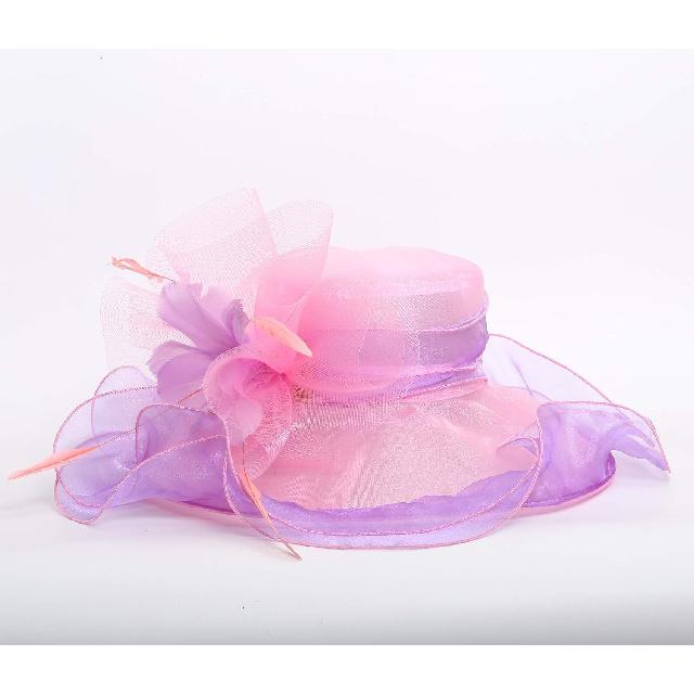 Z&X Women Organza Church Derby Hat Wide Brim Sun Hats for Wedding Tea Party Fascinator Hat, Dual-use