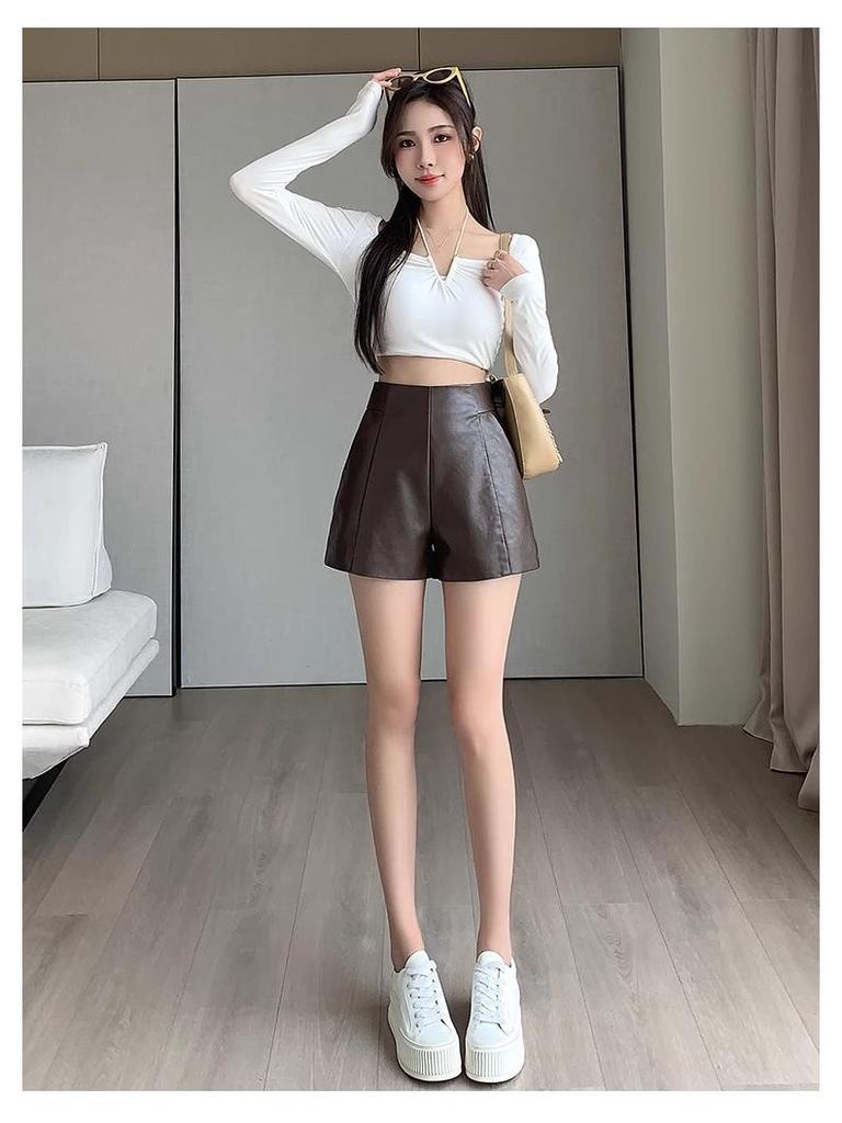 Women's High-Waist Leather Shorts - Slimming A-Line, Wide-Leg, Korean Style for Autumn/Winter 2023