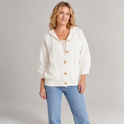 Cardigã de Tricô com Capuz Feminino Botões Frontais Cordão Caimento Solto Manga 3/4 Bolsos Casaco Suéter Casual