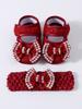 Baby Girls Lace Pearl Rhinestone Bow Crib Shoes & Matching Crochet Headband Set, Soft Dot Anti-Slip Magic Tape Mary Jane Princess Shoes