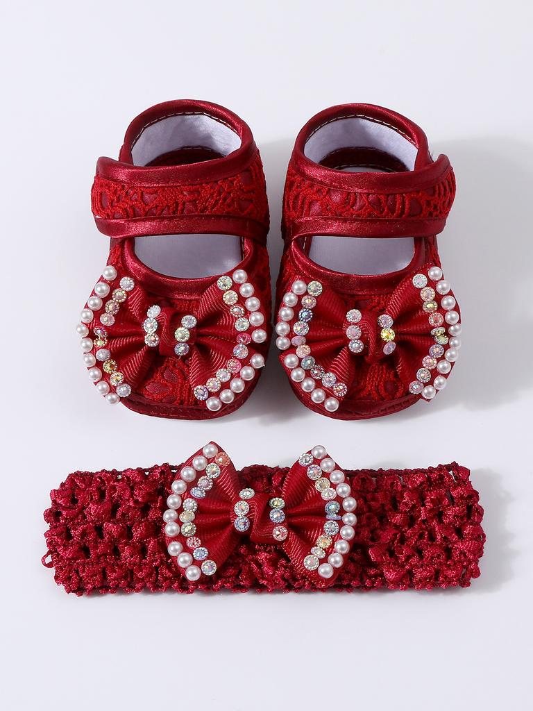 Baby Girls Lace Pearl Rhinestone Bow Crib Shoes & Matching Crochet Headband Set, Soft Dot Anti-Slip Magic Tape Mary Jane Princess Shoes