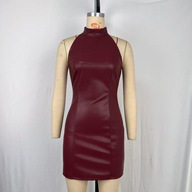 

Fashion New Arrival Fashion Halter Slim Fit Hip PU Leather Dress Slim Fit PU Leather Dress Burgundy XL