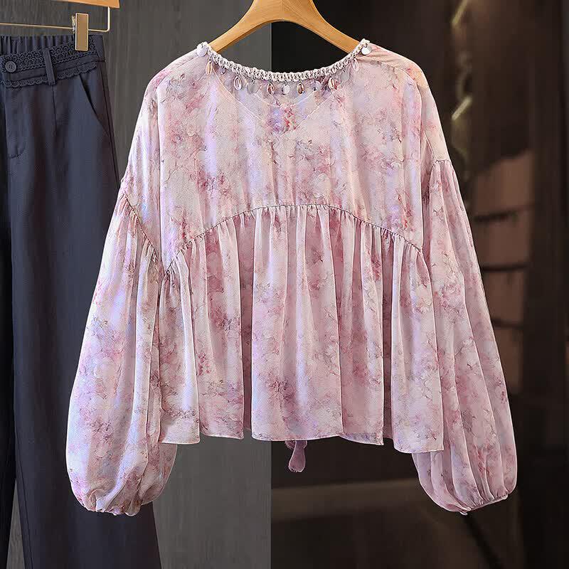 Elegant V-Neck Floral Long-Sleeve Loose Shirt