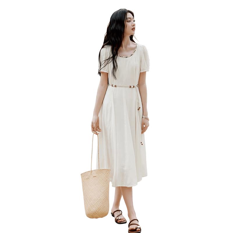 Xiangying Bohemian Linen Blend White Dress M