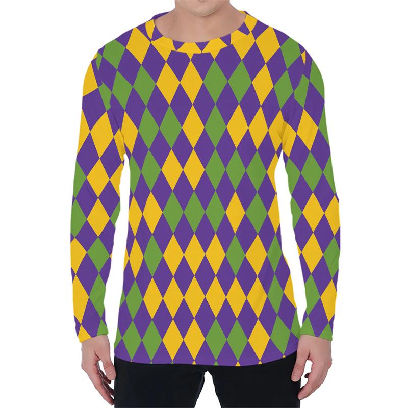 Simple Argyle Pattern Men's T-shirts Fashion Casual 3D Printed Long Sleeve T-shirts Loose Round Neck Streetwear Pullovers