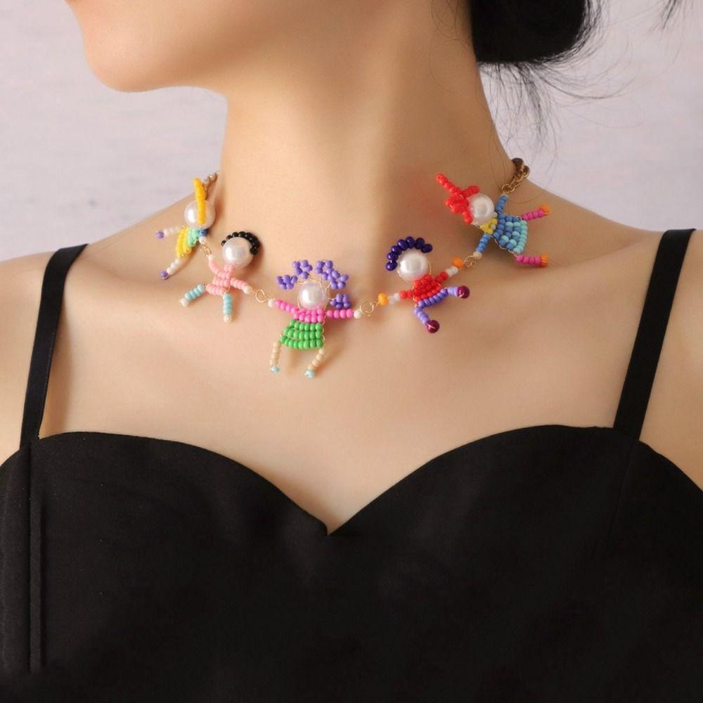 Imitation Pearls Cartoon Beads Chokers 3D Character Collar Beaded Neck Chain Character Chokers Necklaces Elegant Design