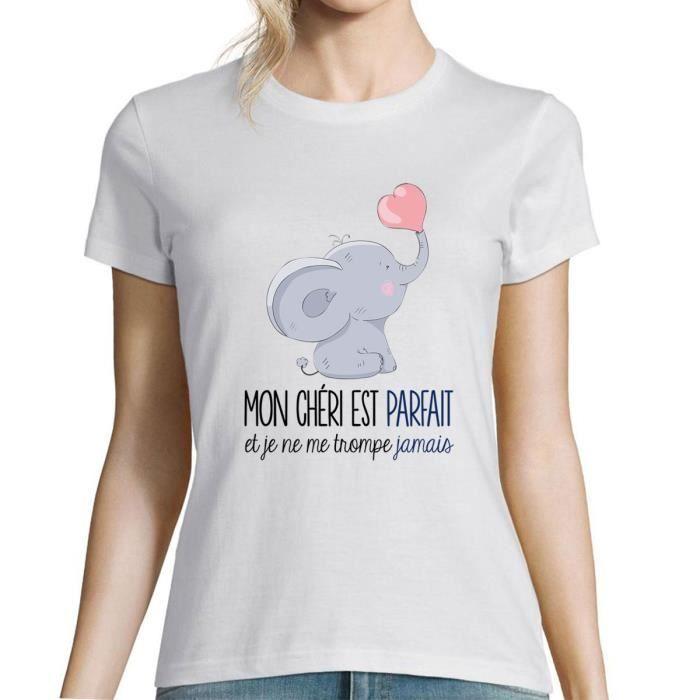 T-shirt Femme - Chéri Éléphant - Col rond - Manches courtes - Coton blanc
