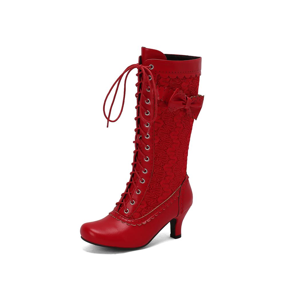 Herbst neue Damenstiefel Rüschenblattkante Schleife Ritterstiefel Band kurze Stiefel Übergröße Stiefel