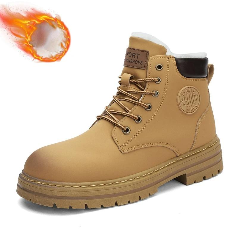 Fashion Men's Boots Winter New Plush Warm Snow Boots Fashion Yellow High Top British Style Ankle Male Boots Non-slip Platform Work Boot