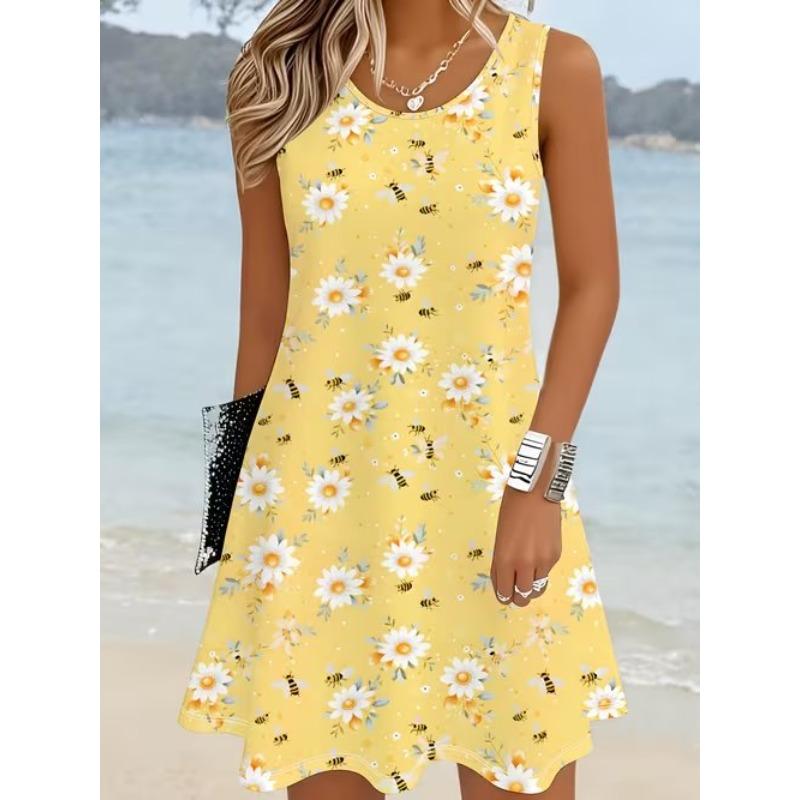 Women's Beautiful Flowers Printed Sleeveless Round Neck Dress Loose Soft and Comfortable Plus Size Dress