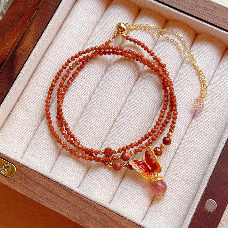 Super Flash Sand Stone Strawberry Crystal Butterfly Necklace