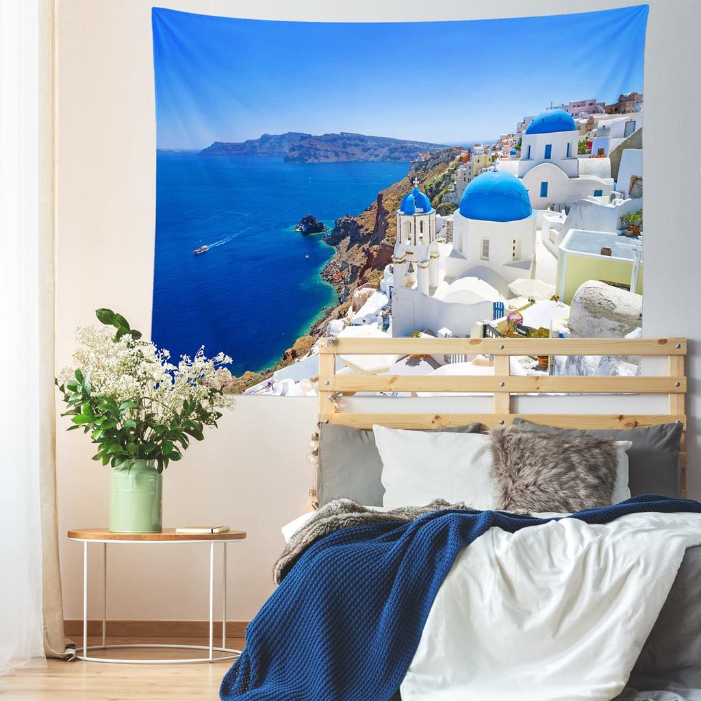 VIKAMA Santorini Blau Weißes Stadtbild Wandteppich Griechische Ägäis Landschaft Wandbehang für Wohnzimmer Schlafzimmer Ferienhaus Dekor
