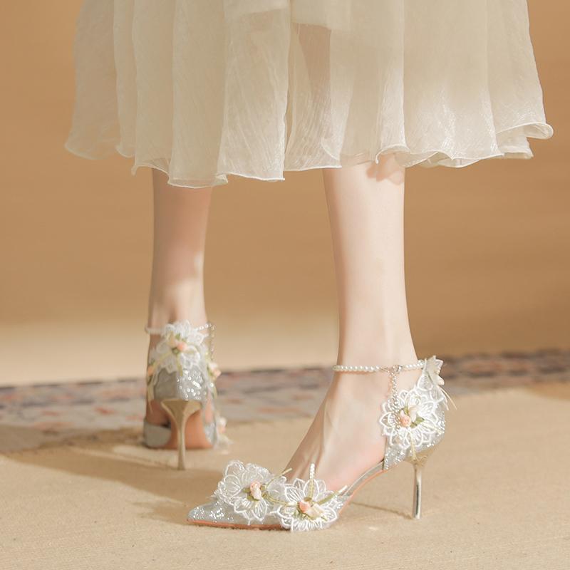 Elegant Fashion Silver Wedding Shoes Women's Stiletto Flower Decoration Pumps Sexy Thin Heels Party Women's Pumps Zapatos Mujer