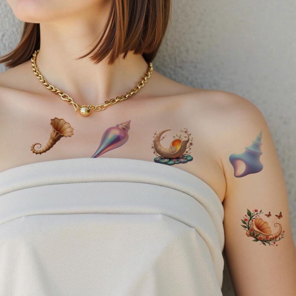 28pcs Waterproof Temporary Tattoo Sticker Cute Shell Body Art Arm Fake Tattoos Waterproof Disposable Tattoo Stickers Girls Gift