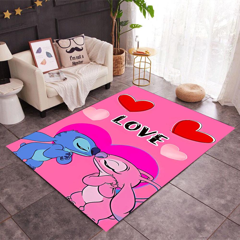 Stitch Adventure In Flowers Disney Cartoon Theme Anti-Slip Rug - Polyester, Home Decor, Suitable for Bedrooms, Living Rooms, Doorways, and Studios