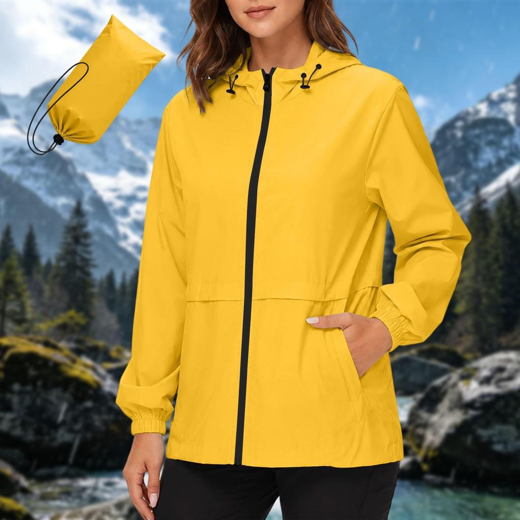 Women's Waterproof Windproof Hooded Jacket Lightweight Outdoor Raincoat Full Zip Front Pockets Adjustable Drawstring Hood