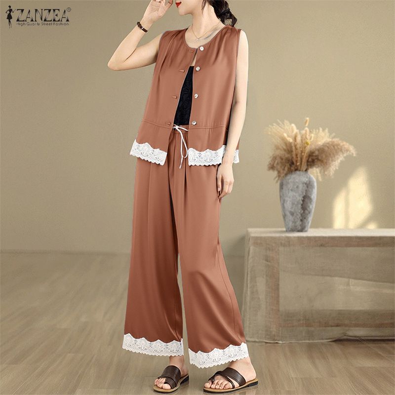 ZANZEA Women Sleeveless Vest Tops and Pants Summer Two Piece Suit Sets
