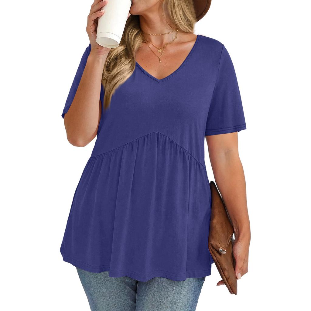 Women's Plus Size Fashionable Casual Loose-Fit V-Neck Short-Sleeve Top