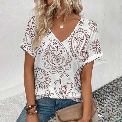 Summer Women Fashionable T-Shirt Retro Floral Print V-Neck Tops Tees Female Casual Short Sleeve Clothing Outdoor Vintage Outfit