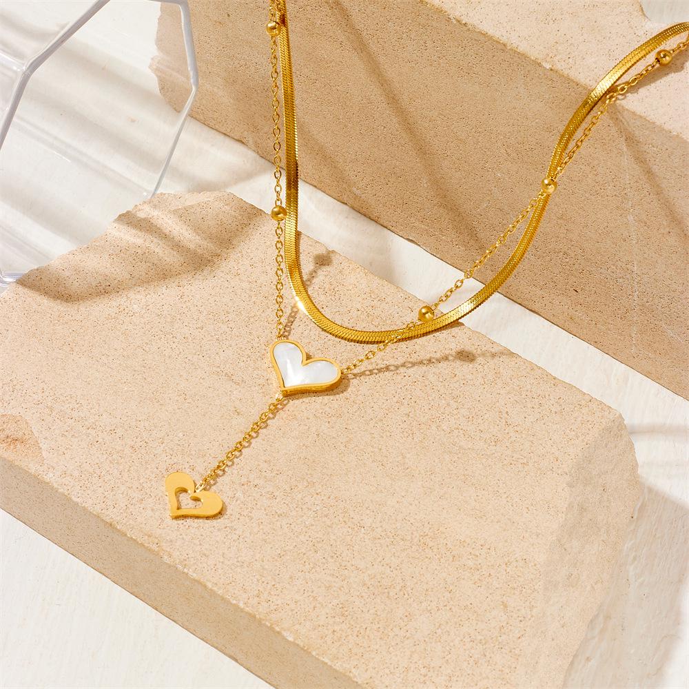Women's Titanium Steel Heart Double Layer White Shell Choker - Niche Design High-End Feel with Tassel Hip Hop Jewelry