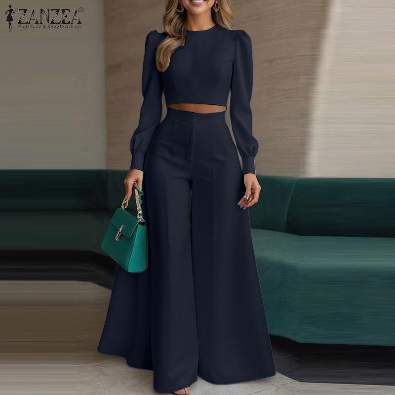 ZANZEA Women Long Sleeve Cropped Tops and Wide Leg Pants Casual Two Piece Suit Set