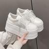 Fashion Genuine Leather/lace Mesh Flat Womens White Sneaker Summer Round Toe Platform 7.5CM Thick Botton Lace-up Sports Shoes