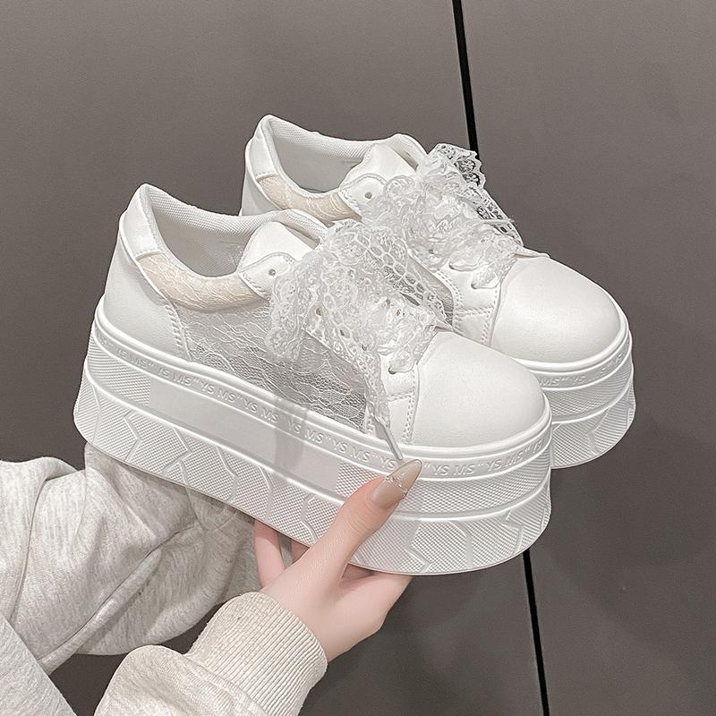 Fashion Genuine Leather/lace Mesh Flat Womens White Sneaker Summer Round Toe Platform 7.5CM Thick Botton Lace-up Sports Shoes