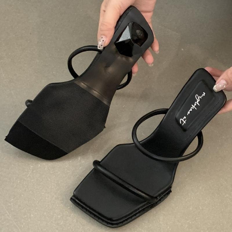 Fashion Fashion Leopard Narrow band Women Sandals Square toe thin Heel Slide Sandals Summer Sexy Open Toe non-slip heeled shoes woman