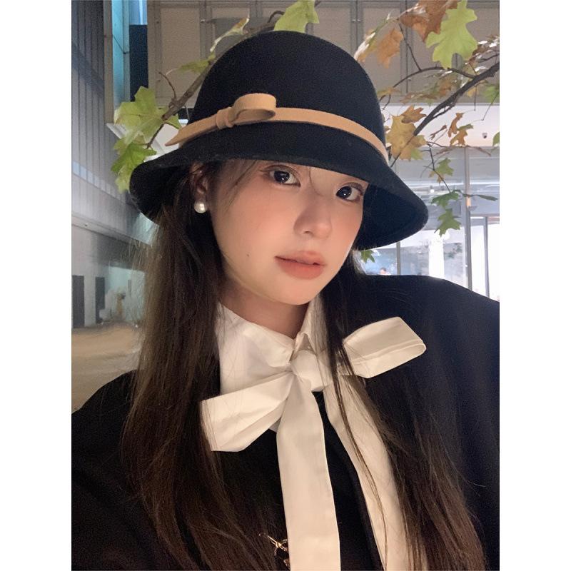 New French Hepburn style bow top hat women's autumn and winter pure woolen basin hat temperament advanced sense bucket hat